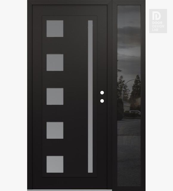 Modern Steel Front Door Diamond C3 48" x 80" black/white frosted Glass Panel black LHI with Sidelite mirrored Glass