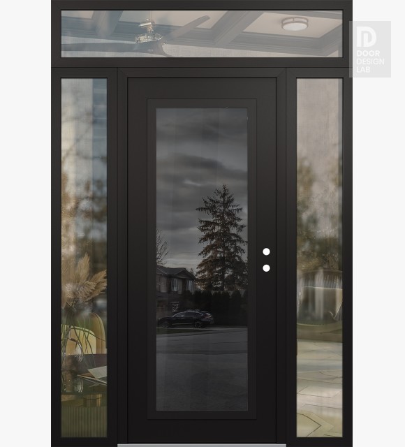 Modern Steel Front Door Diamond C1 68" x 96" black/black mirrored Glass Panel black LHI with 2 Sidelites and Transom clear Glass