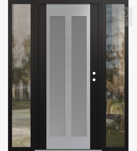 Modern Steel Front Door Diamond C14 68" x 80" black/white frosted Glass Panel stainless steel LHI with 2 Sidelites clear Glass