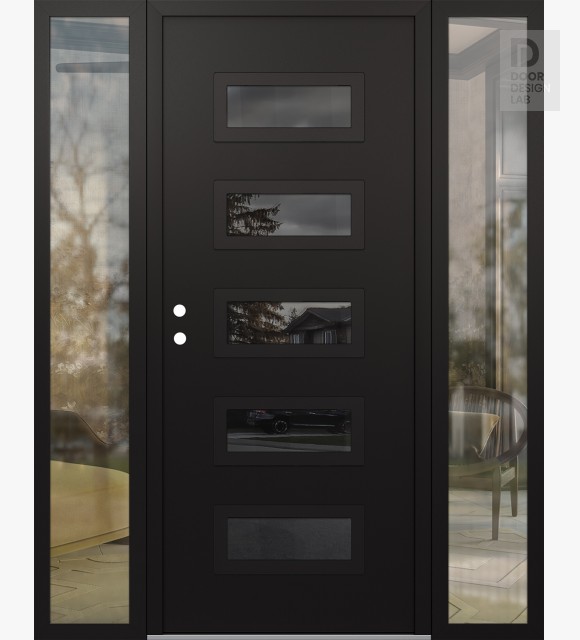 Modern Steel Front Door Diamond D1 60" x 80" black/black mirrored Glass Panel black RHI with 2 Sidelites clear Glass