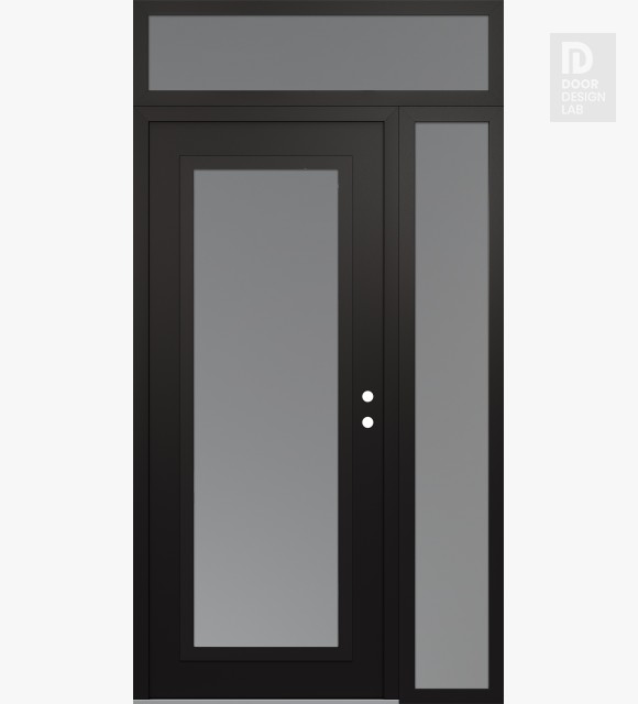 Modern Steel Front Door Diamond C1 48" x 96" black/white frosted Glass Panel black LHI with Sidelite and Transom frosted Glass