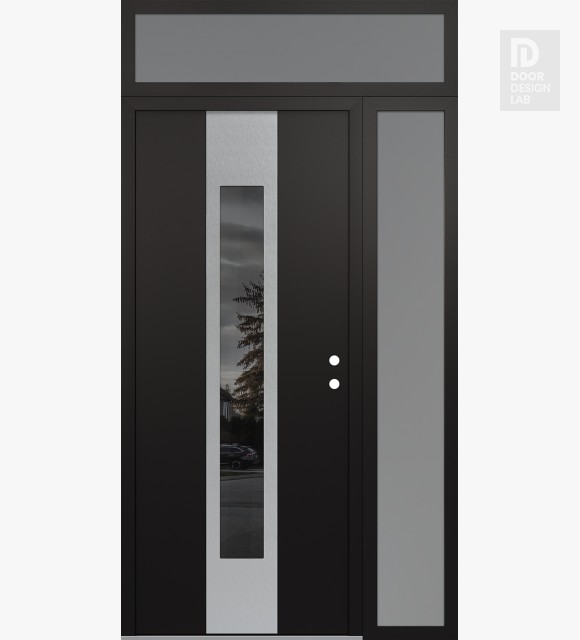 Modern Steel Front Door DIAMOND A1 52" X 96" BLACK/BLACK MIRRORED GLASS PANEL STAINLESS STEEL LHI WITH SIDELITE AND TRANSOM FROSTED GLASS