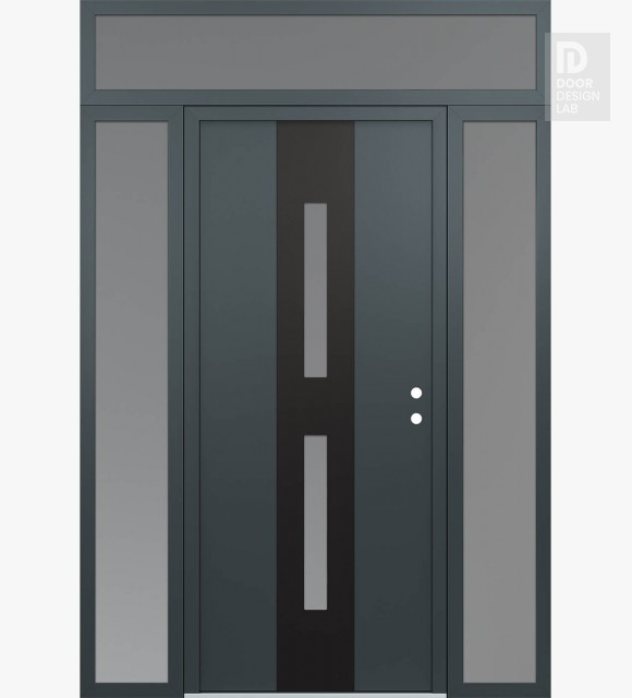 Modern Steel Front Door DIAMOND A6 68" X 96" ANTHRACITE/ANTHRACITE FROSTED GLASS PANEL BLACK LHI WITH 2 SIDELITES AND TRANSOM FROSTED GLASS