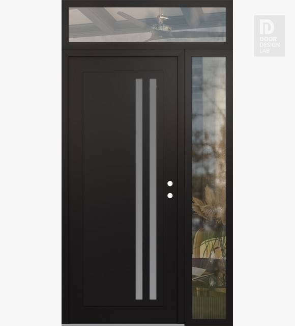 Modern Steel Front Door Diamond C6 48" x 96" black/white frosted Glass Panel black LHI with Sidelite and Transom clear Glass
