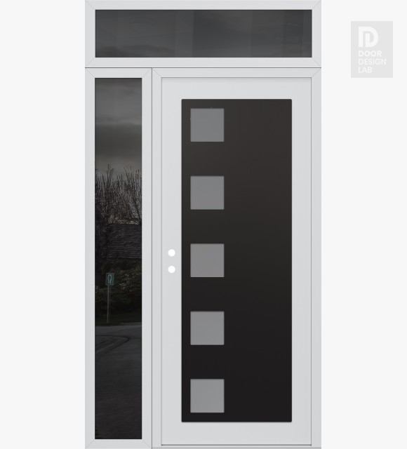 Modern Steel Front Door Diamond C5 48" x 96" white/white frosted Glass Panel black RHI with Sidelite and Transom mirrored Glass