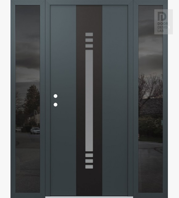 Modern Steel Front Door DIAMOND A5 60" X 80" ANTHRACITE/ANTHRACITE FROSTED GLASS PANEL BLACK RHI WITH 2 SIDELITES MIRRORED GLASS