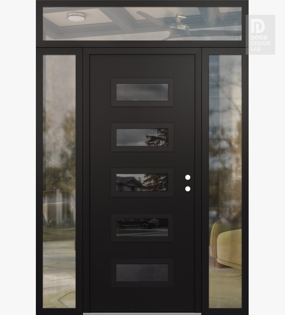 Modern Steel Front Door Diamond D1 60" x 96" black/black mirrored Glass Panel black LHI with 2 Sidelites and Transom clear Glass
