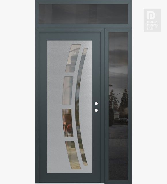 Modern Steel Front Door Diamond C12 48" x 96" anthracite/anthracite clear Glass Panel stainless steel LHI with Sidelite and Transom mirrored Glass