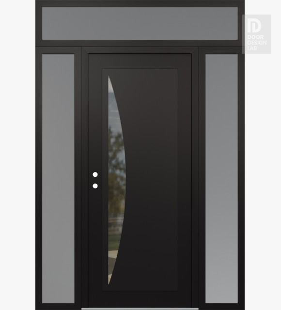 Modern Steel Front Door Diamond C13 68" x 96" black/black clear Glass Panel black RHI with 2 Sidelites and Transom frosted Glass