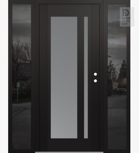Modern Steel Front Door Diamond C15 64" x 80" black/white frosted Glass Panel black LHI with 2 Sidelites mirrored Glass