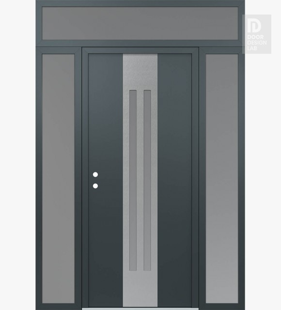 Modern Steel Front Door DIAMOND A8 60" X 96" ANTHRACITE/ANTHRACITE FROSTED GLASS PANEL STAINLESS STEEL RHI WITH 2 SIDELITES AND TRANSOM FROSTED GLASS