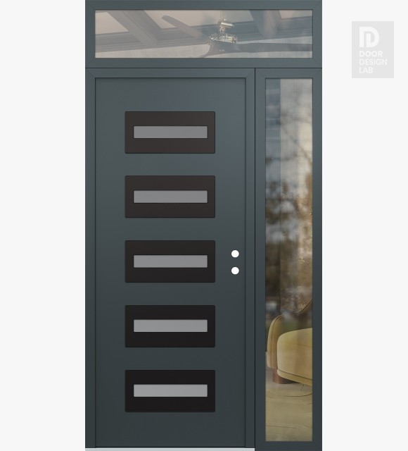 Modern Steel Front Door Diamond D4 50" x 96" anthracite/anthracite frosted Glass Panel black LHI with Sidelite and Transom clear Glass