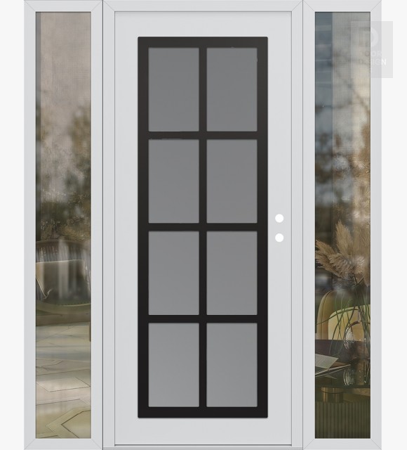 Modern Steel Front Door Diamond C16 64" x 80" white/white frosted Glass Panel black LHI with 2 Sidelites clear Glass