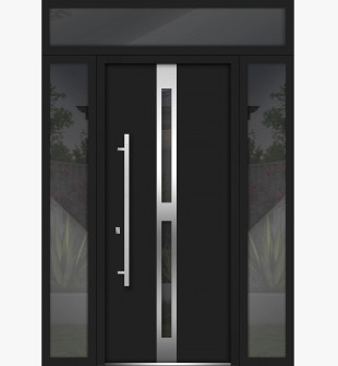 Front Exterior Prehung Steel Door / Deux 1755 Black Enamel / 2 Side and Top Exterior Window / Stainless Inserts Single Modern Painted-W16+36+16" x H80+16"-Right-hand Inswing