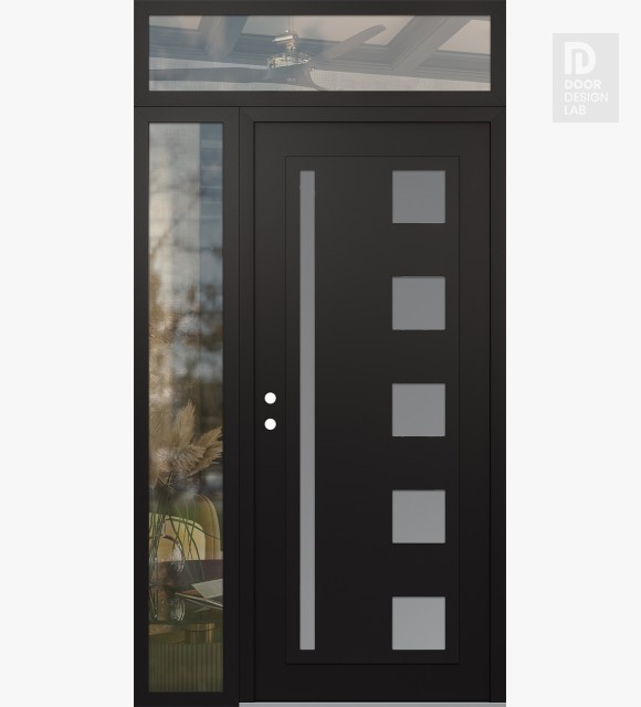 Modern Steel Front Door Diamond C3 48" x 96" black/white frosted Glass Panel black RHI with Sidelite and Transom clear Glass