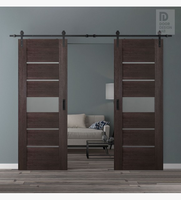DOUBLE BARN DOOR AVON 07-06 VETRO VERALINGA OAK 72" X 80" X 1 3/4" BLACK HARDWARE