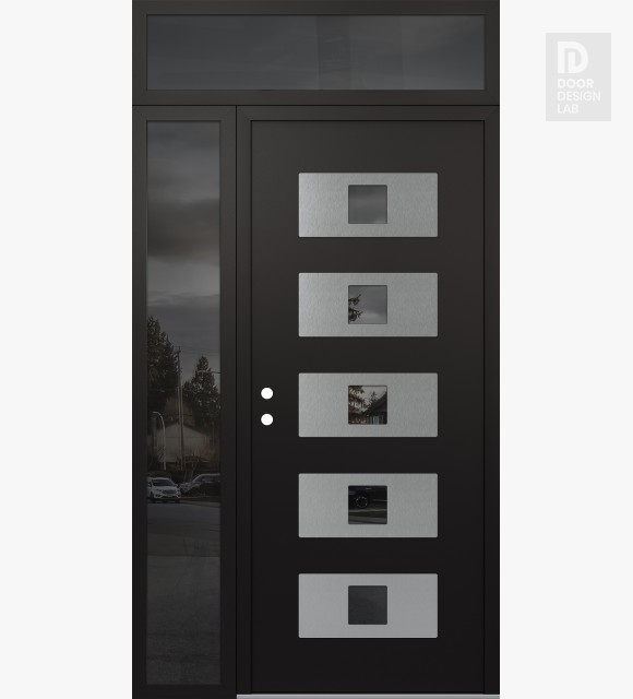 Modern Steel Front Door Diamond D8 52" x 96" black/black mirrored Glass Panel stainless steel RHI with Sidelite and Transom mirrored Glass