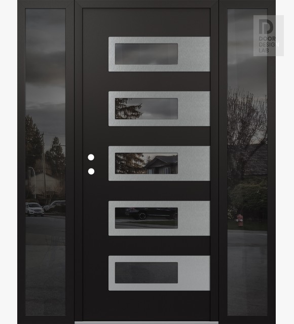 Modern Steel Front Door Diamond D3 68" x 80" black/black mirrored Glass Panel stainless steel RHI with 2 Sidelites mirrored Glass