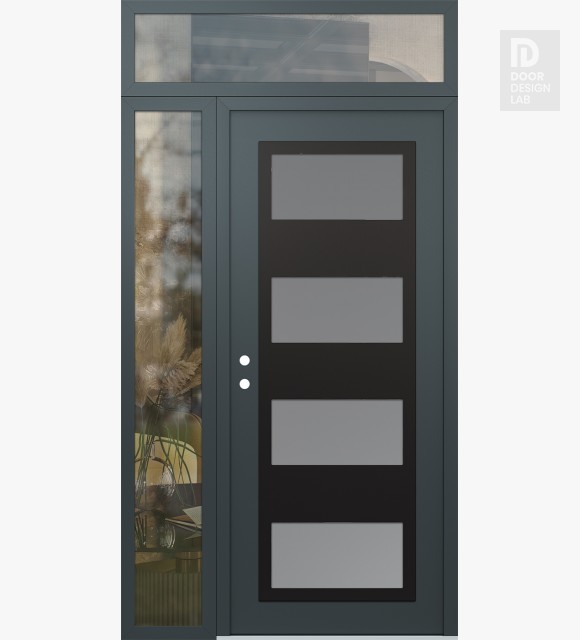 Modern Steel Front Door Diamond C2 52" x 96" anthracite/anthracite frosted Glass Panel black RHI with Sidelite and Transom clear Glass
