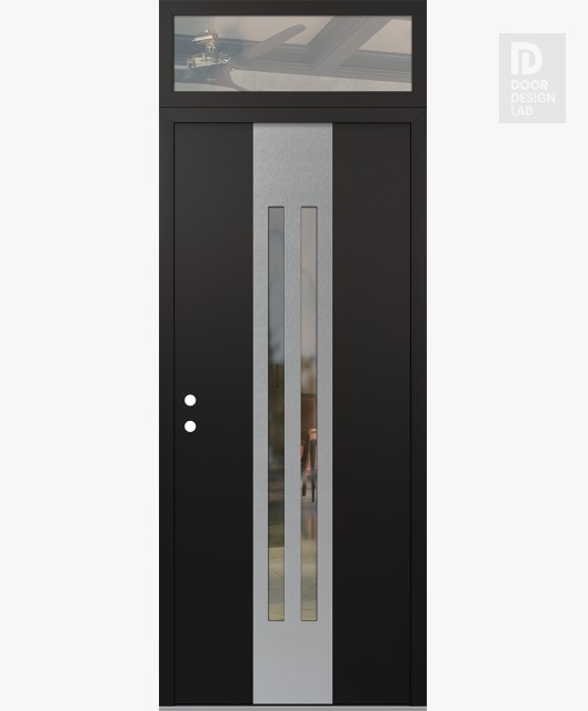Modern Steel Front Door DIAMOND A8 36" X 96" BLACK/BLACK CLEAR GLASS PANEL STAINLESS STEEL RHI WITH TRANSOM CLEAR GLASS