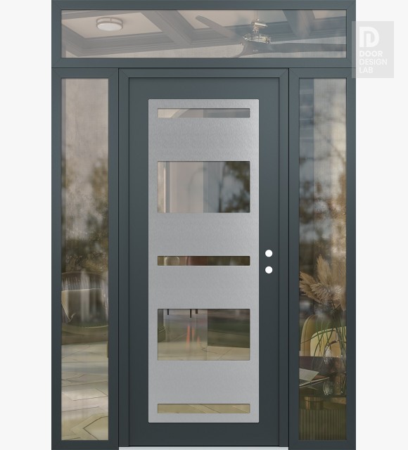 Modern Steel Front Door Diamond C10 60" x 96" anthracite/anthracite clear Glass Panel stainless steel LHI with 2 Sidelites and Transom clear Glass