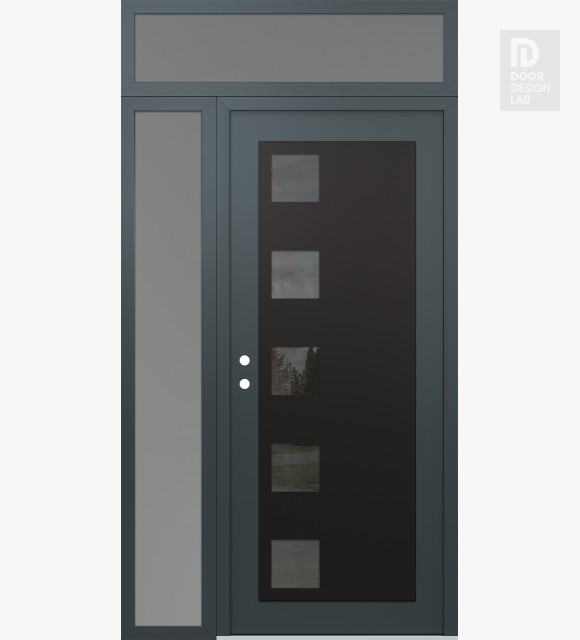Modern Steel Front Door Diamond C5 48" x 96" anthracite/anthracite mirrored Glass Panel black RHI with Sidelite and Transom frosted Glass