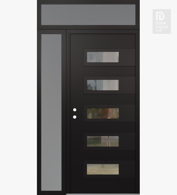 Modern Steel Front Door Diamond D3 50" x 96" black/black clear Glass Panel black RHI with Sidelite and Transom frosted Glass
