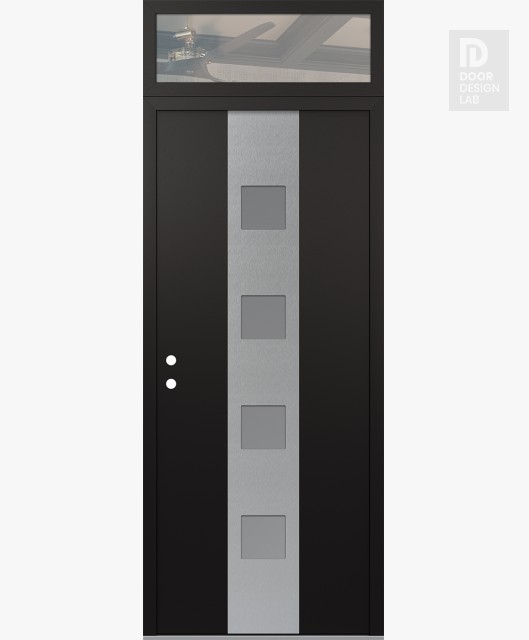 Modern Steel Front Door DIAMOND A12 36" X 96" BLACK/WHITE FROSTED GLASS PANEL STAINLESS STEEL RHI WITH TRANSOM CLEAR GLASS