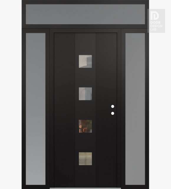 Modern Steel Front Door DIAMOND A12 60" X 96" BLACK/BLACK CLEAR GLASS PANEL BLACK LHI WITH 2 SIDELITES AND TRANSOM FROSTED GLASS