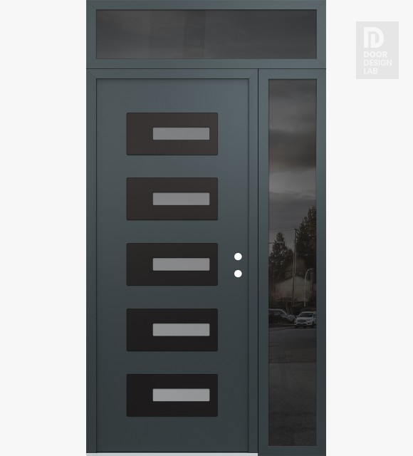 Modern Steel Front Door Diamond D6 50" x 96" anthracite/anthracite frosted Glass Panel black LHI with Sidelite and Transom mirrored Glass