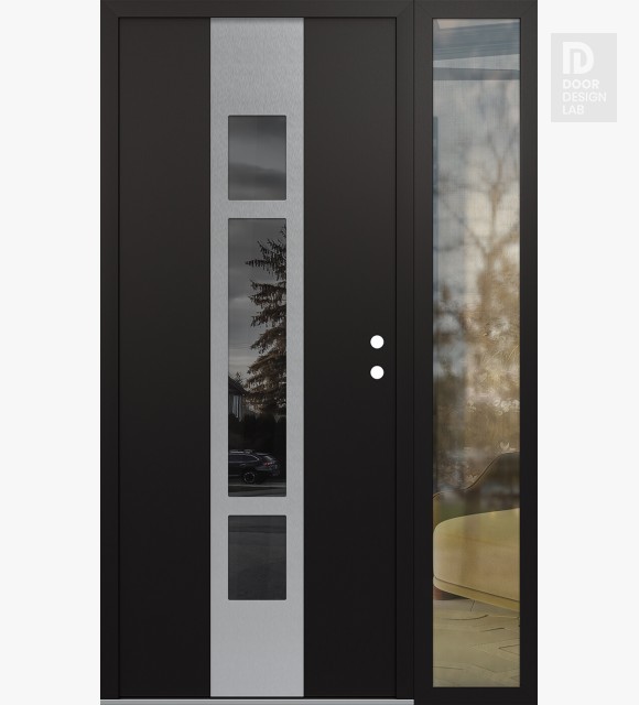 Modern Steel Front Door DIAMOND A9 48" X 80" BLACK/BLACK MIRRORED GLASS PANEL STAINLESS STEEL LHI WITH SIDELITE CLEAR GLASS