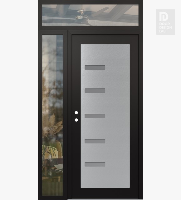 Modern Steel Front Door Diamond C8 48" x 96" black/white frosted Glass Panel stainless steel RHI with Sidelite and Transom clear Glass