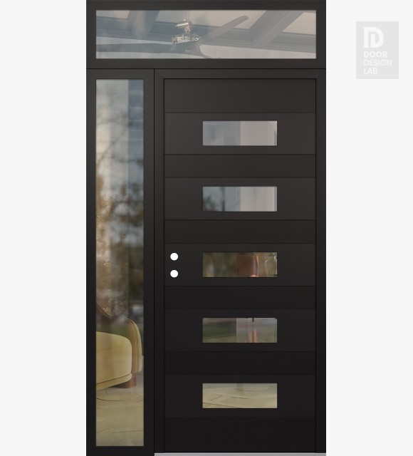Modern Steel Front Door Diamond D5 52" x 96" black/black clear Glass Panel black RHI with Sidelite and Transom clear Glass
