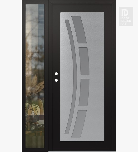 Modern Steel Front Door Diamond C12 50" x 80" black/white frosted Glass Panel stainless steel RHI with Sidelite clear Glass