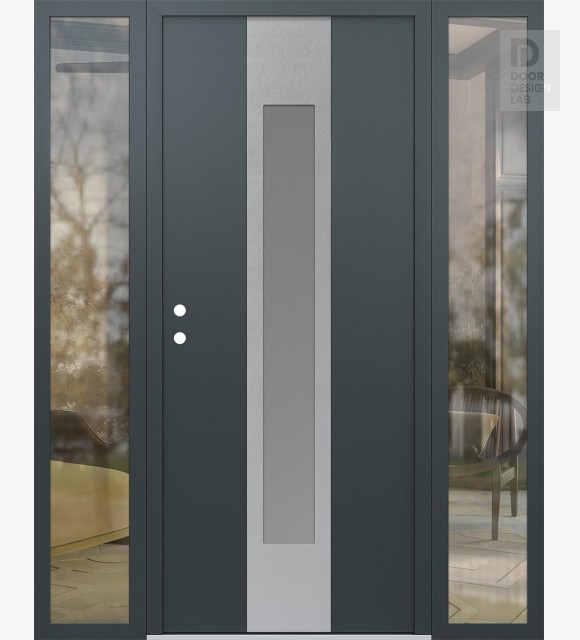 Modern Steel Front Door DIAMOND A1 68" X 80" ANTHRACITE/ANTHRACITE FROSTED GLASS PANEL STAINLESS STEEL RHI WITH 2 SIDELITES CLEAR GLASS