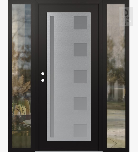 Modern Steel Front Door Diamond C3 60" x 80" black/white frosted Glass Panel stainless steel RHI with 2 Sidelites clear Glass