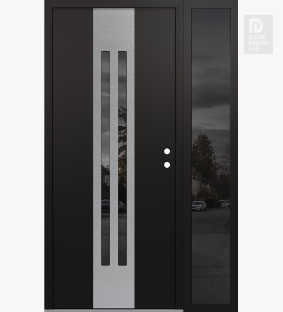 Modern Steel Front Door DIAMOND A8 52" X 80" BLACK/BLACK MIRRORED GLASS PANEL STAINLESS STEEL LHI WITH SIDELITE MIRRORED GLASS