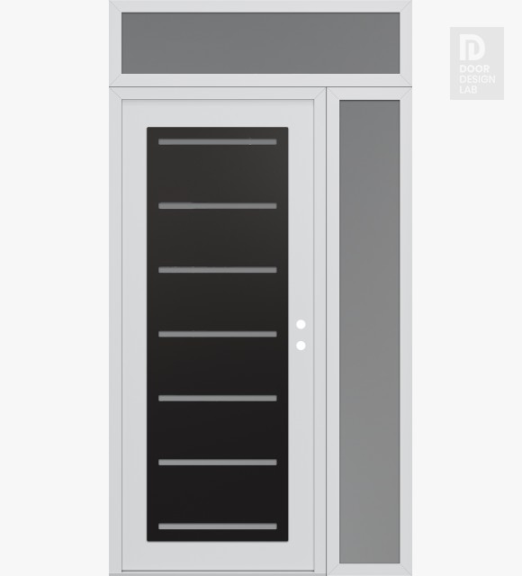 Modern Steel Front Door Diamond C11 52" x 96" white/white frosted Glass Panel black LHI with Sidelite and Transom frosted Glass