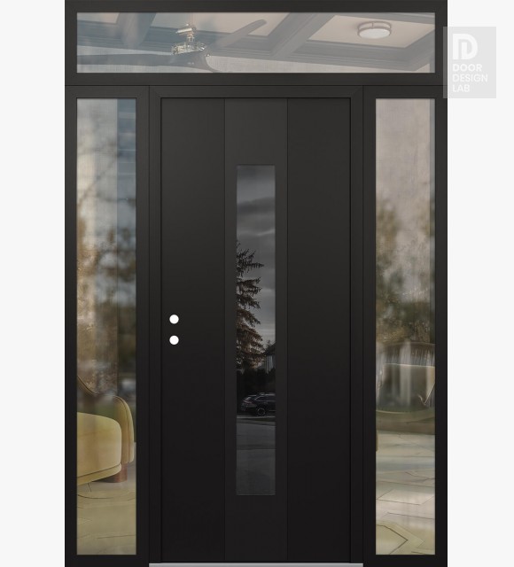Modern Steel Front Door DIAMOND A1 60" X 96" BLACK/BLACK MIRRORED GLASS PANEL BLACK RHI WITH 2 SIDELITES AND TRANSOM CLEAR GLASS
