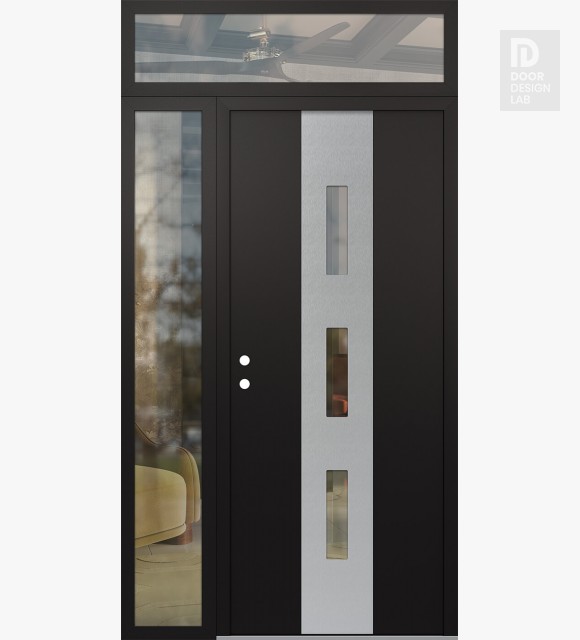 Modern Steel Front Door DIAMOND A7 50" X 96" BLACK/BLACK CLEAR GLASS PANEL STAINLESS STEEL RHI WITH SIDELITE AND TRANSOM CLEAR GLASS