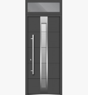 36 x 96 Front Exterior Prehung Steel Door / Deux 1717 Gray Graphite / Top Exterior Window / Stainless Inserts Single Modern Painted-Right-hand Inswing