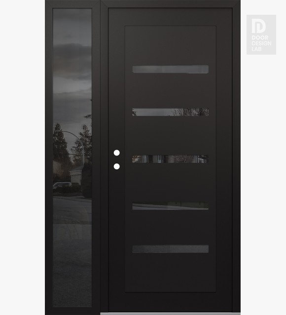 Modern Steel Front Door Diamond C7 52" x 80" black/black mirrored Glass Panel black RHI with Sidelite mirrored Glass