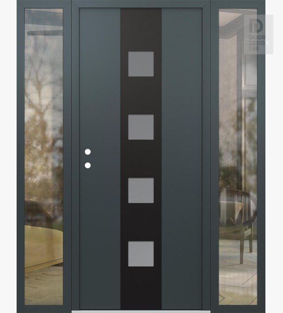 Modern Steel Front Door DIAMOND A12 68" X 80" ANTHRACITE/ANTHRACITE FROSTED GLASS PANEL BLACK RHI WITH 2 SIDELITES CLEAR GLASS