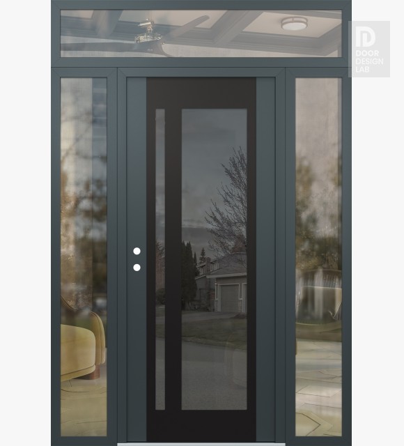 Modern Steel Front Door Diamond C15 64" x 96" anthracite/anthracite mirrored Glass Panel black RHI with 2 Sidelites and Transom clear Glass