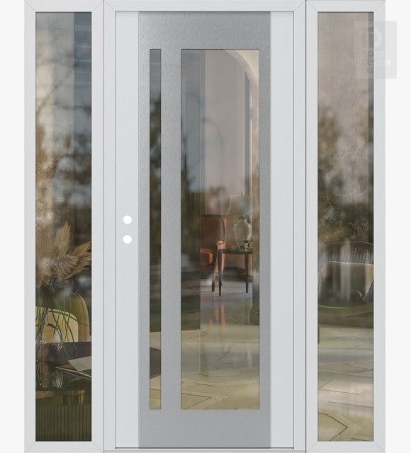Modern Steel Front Door Diamond C15 64" x 80" white/white clear Glass Panel stainless steel RHI with 2 Sidelites clear Glass