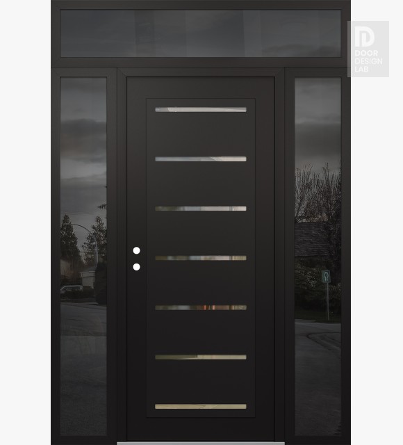Modern Steel Front Door Diamond C11 64" x 96" black/black clear Glass Panel black RHI with 2 Sidelites and Transom mirrored Glass