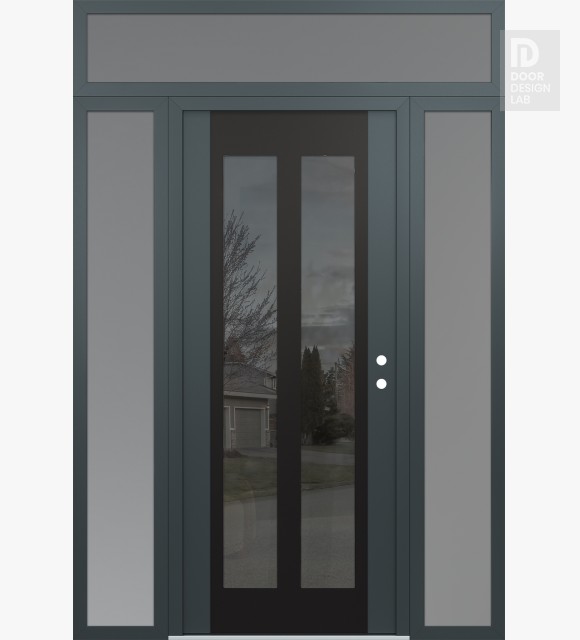 Modern Steel Front Door Diamond C14 64" x 96" anthracite/anthracite mirrored Glass Panel black LHI with 2 Sidelites and Transom frosted Glass