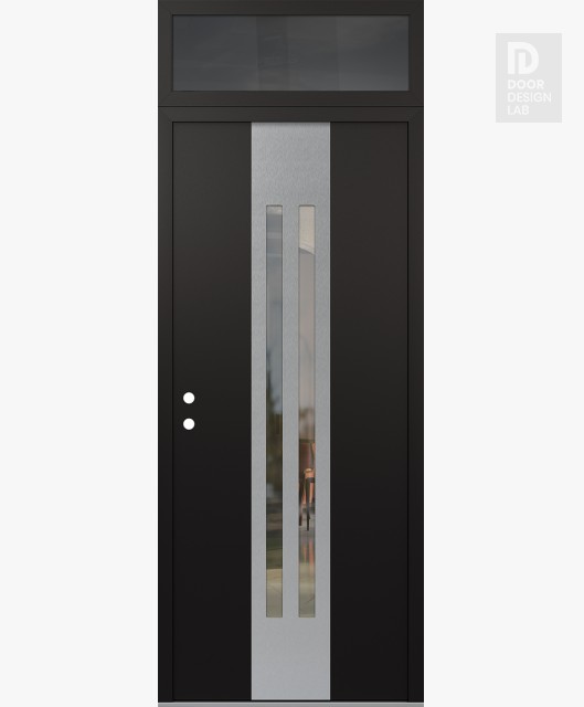 Modern Steel Front Door DIAMOND A8 36" X 96" BLACK/BLACK CLEAR GLASS PANEL STAINLESS STEEL RHI WITH TRANSOM MIRRORED GLASS