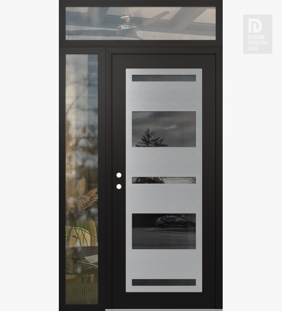 Modern Steel Front Door Diamond C10 52" x 96" black/black mirrored Glass Panel stainless steel RHI with Sidelite and Transom clear Glass