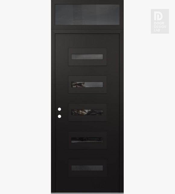 Modern Steel Front Door Diamond D4 36" x 96" black/black mirrored Glass Panel black RHI with Transom mirrored Glass